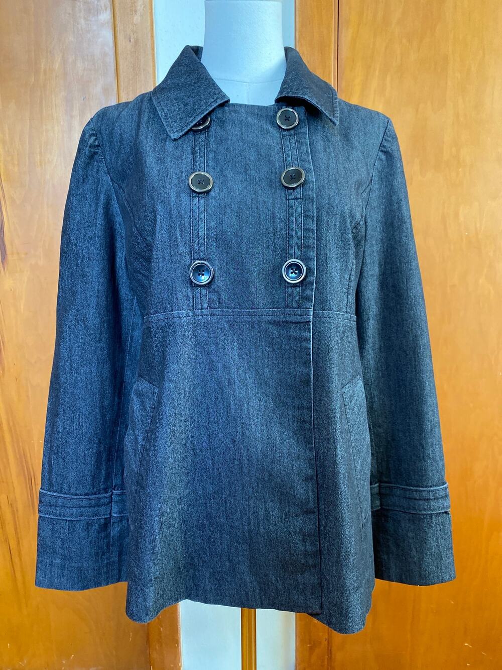 Sandro Double-Breasted Empire Short Trench Jacket Blue Denim Preppy Twee Chore